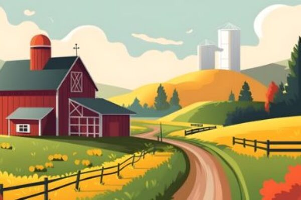 colorful graphic of barn and farmland