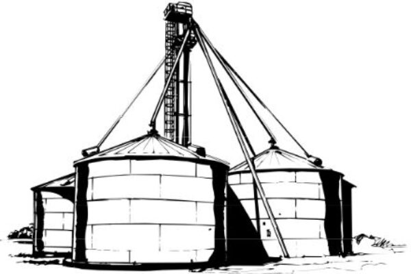 Black and white graphic of grain bins