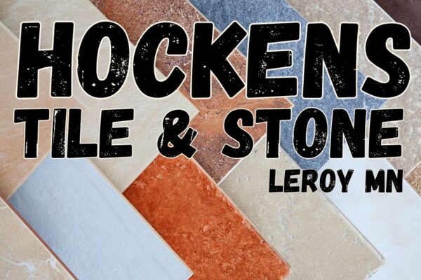 Background featuring different pieces of tile and the business name on top of tile image - Hockens Tile & Stone, LeRoy MN