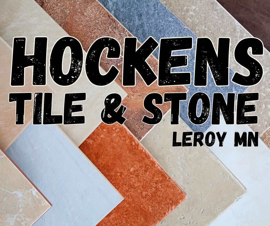 Background featuring different pieces of tile and the business name on top of tile image - Hockens Tile & Stone, LeRoy MN