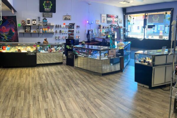 Interior of Bear's Smoke Shop with several product displays.