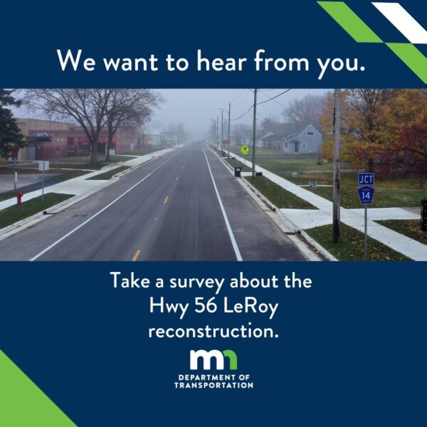 A graphic inviting people to take an online survey about the Highway 56 construction project in LeRoy.