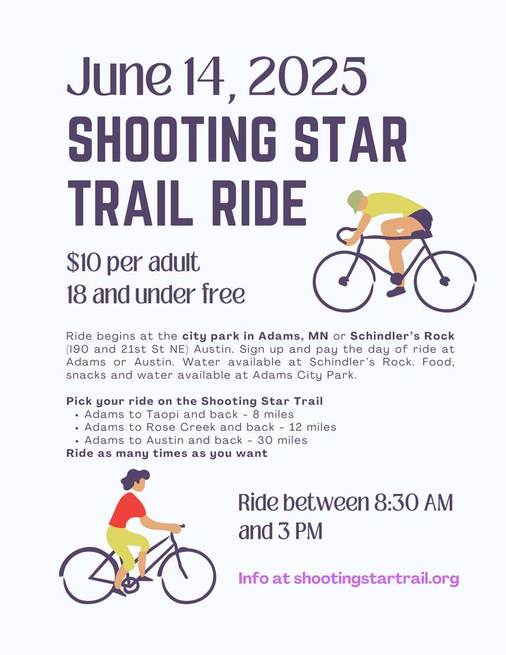 Poster advertising the June 14, 2025, Shooting Star Trail Ride with pictures of bike riders